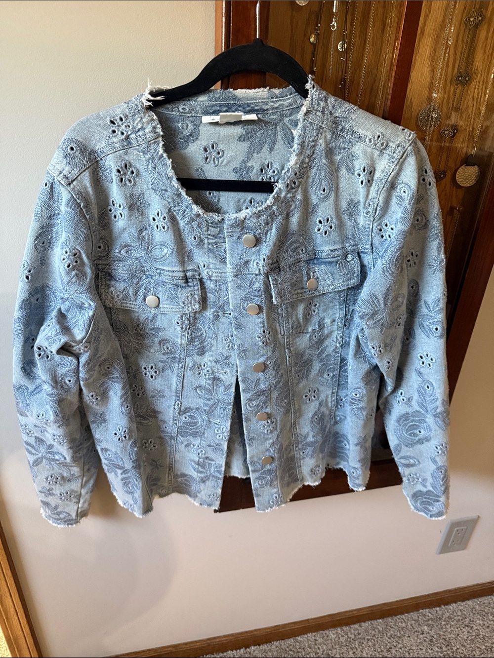 Skye's the Limit Light Blue Eyelet Embroidered Denim Jacket